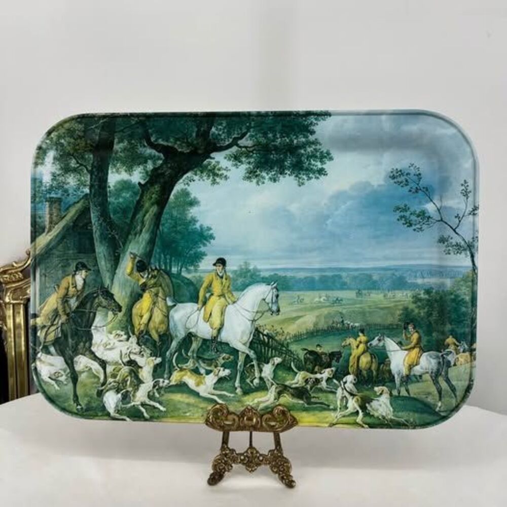 Vintage Metal Serving Tray with English Fox Hunting Scene